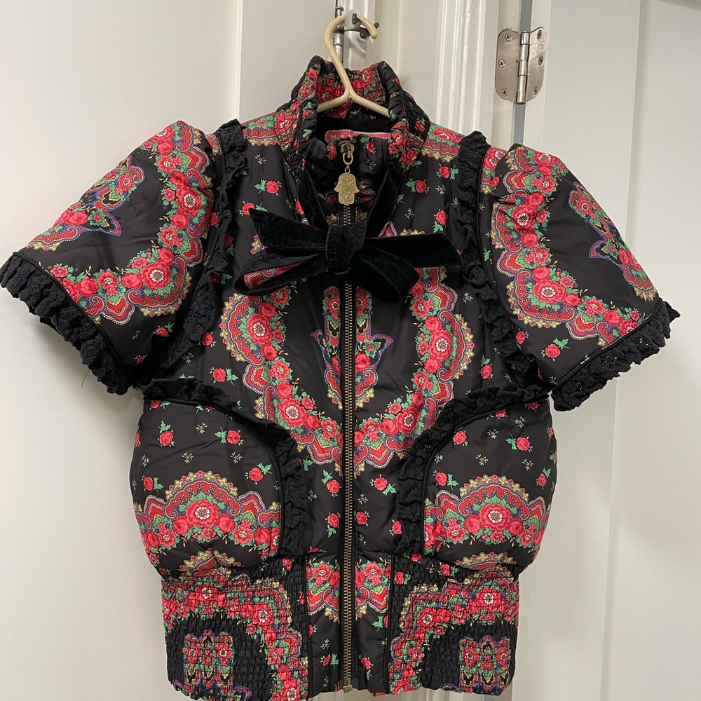 Manoush Floral Black Tie Front Jacket with Red and Green Accents and Lace Trims